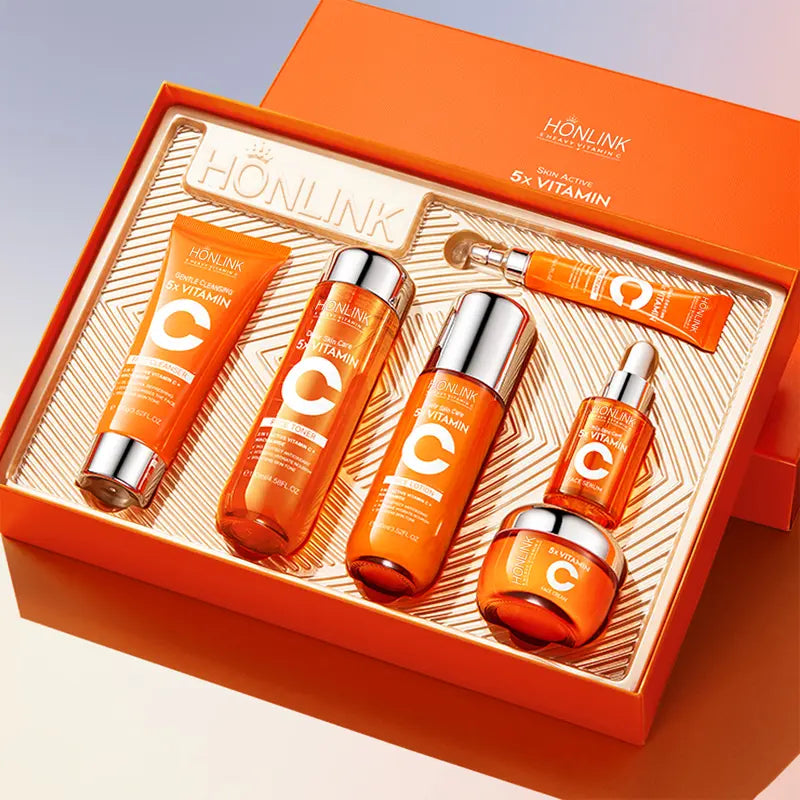 Findglee Korean 5X Vitamin C Skincare Set with Cleanser, Toner, Serum, Lotion, Eye and Face Cream