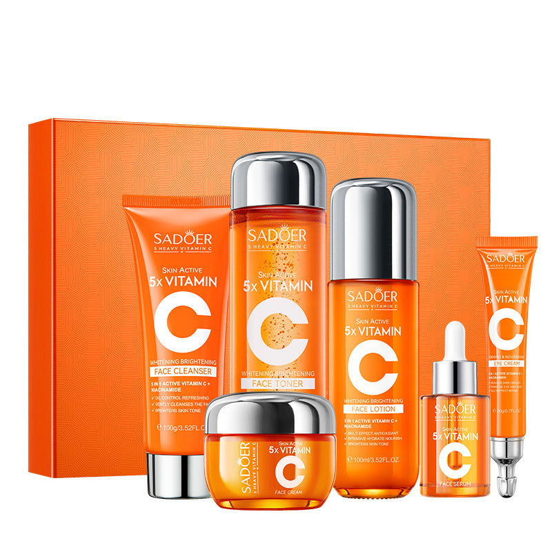 Findglee Korean 5X Vitamin C Skincare Set with Cleanser, Toner, Serum, Lotion, Eye and Face Cream