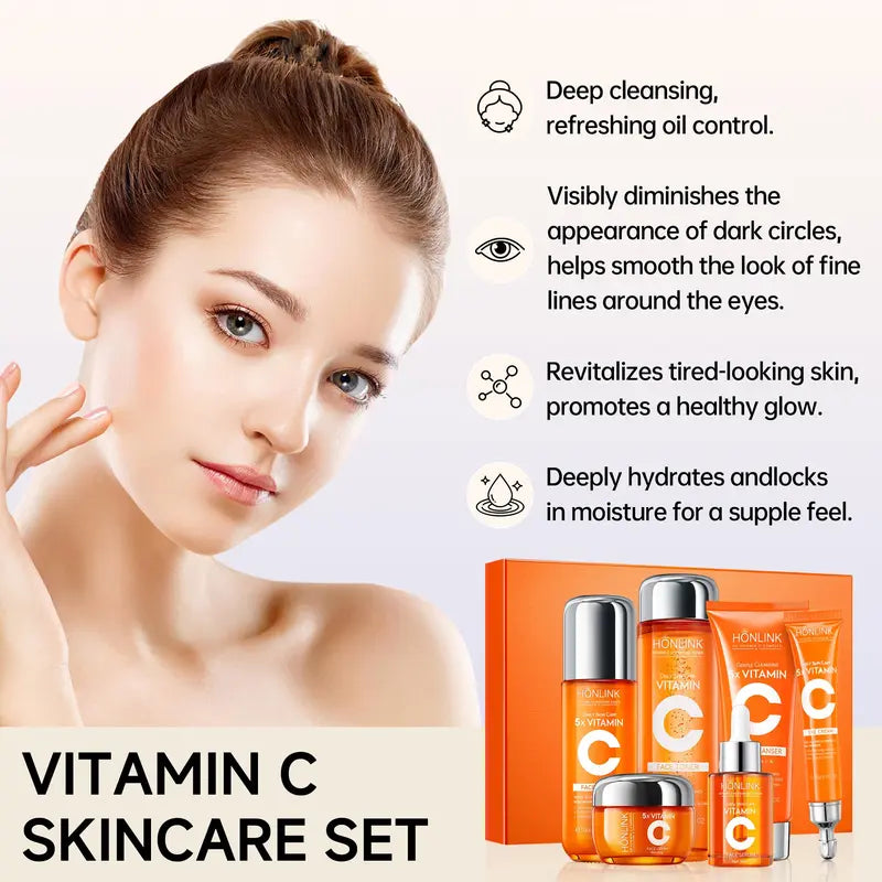 Findglee Korean 5X Vitamin C Skincare Set with Cleanser, Toner, Serum, Lotion, Eye and Face Cream