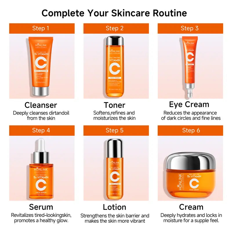 Findglee Korean 5X Vitamin C Skincare Set with Cleanser, Toner, Serum, Lotion, Eye and Face Cream